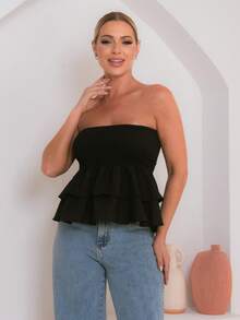 Cropped Elastic Blouse With Ruffle - Black - View 2