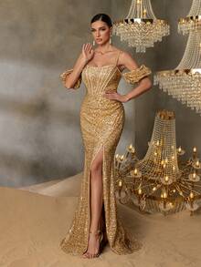 Faeriesty Style Elegant Glittery Puff Sleeves Lace-Up Backless Split Sequin Formal Party Dress For Weddings, Galas, And Cannes Parties Proms, Red-Carpet Events, And High-End Banquets​,Award Ceremonies