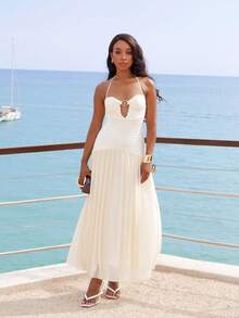 Yess Loren Sukienka damska z falbanką na dole i seksownym dekoltem halter, letnie sukienki dla kobiet - Kolor khaki - Zobacz 1