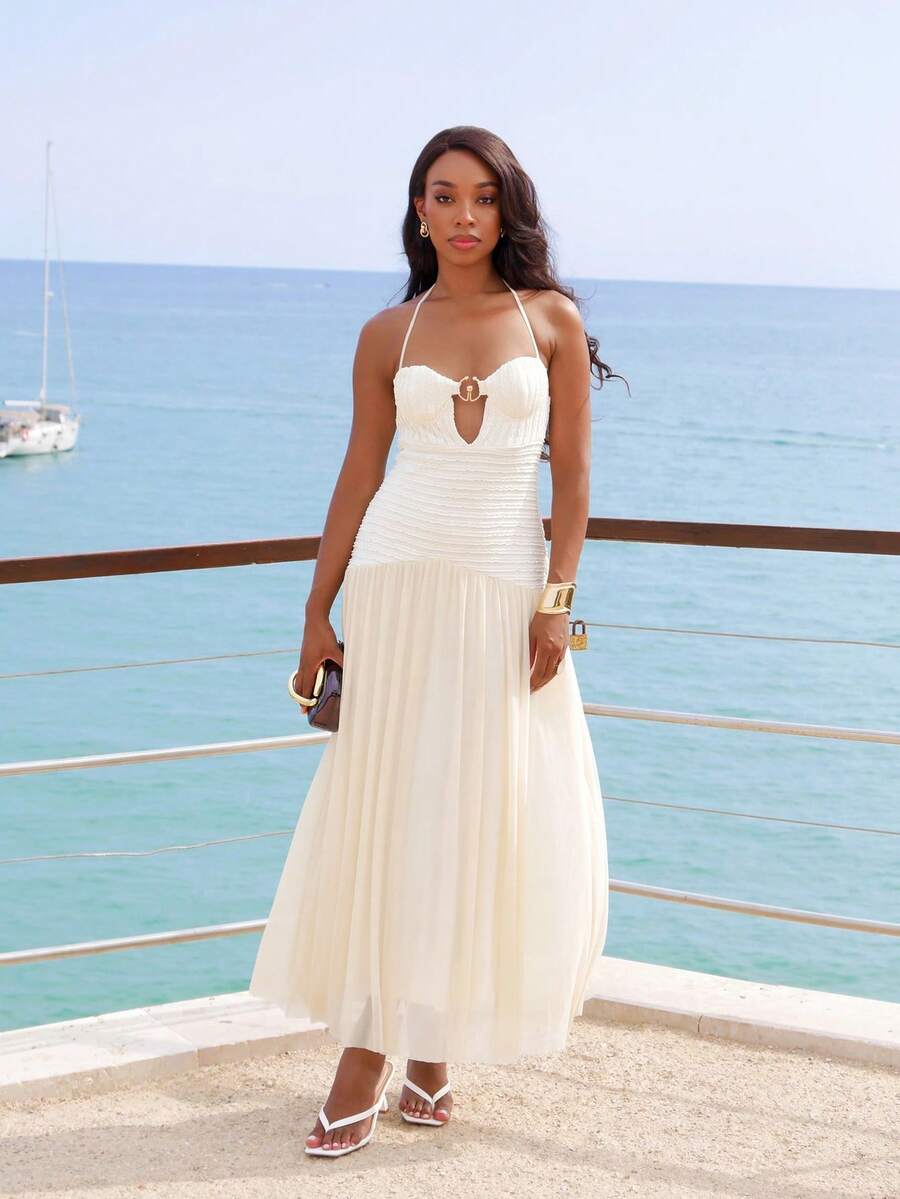 Yess Loren Sukienka damska z falbanką na dole i seksownym dekoltem halter, letnie sukienki dla kobiet - Kolor khaki - Zobacz 1