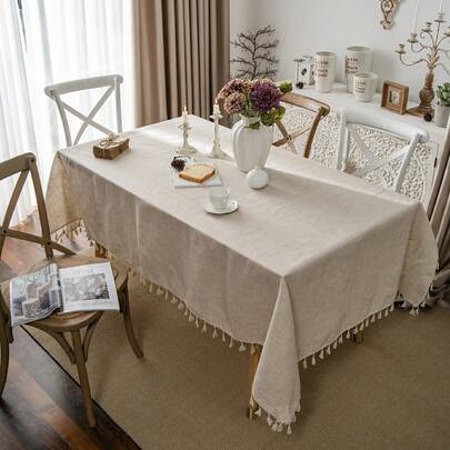 1 块纯色亚麻流苏桌布，乡村农舍风格，适用于厨房、咖啡桌、电视柜，适合日常使用、节日、家庭聚会、生日派对、婚礼、晚宴，四季皆宜