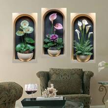 3/4pcs Set Nordic Style Lotus Flower Plant Wall Stickers, Vinyl Decals For Living Room, Bedroom, Dorm, Office Background Wall Decor - Multicolor - View 12