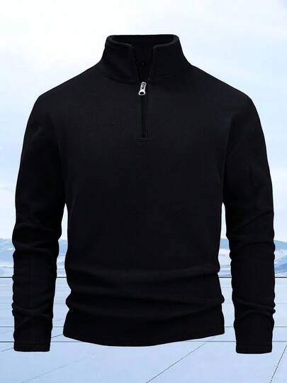 Męska kurtka polarowa, bluza z zamkiem błyskawicznym 1/4, jednokolorowa, swobodna bluza z kapturem na zimę, gruba bluza sportowa z elastycznym ściągaczem, odpowiednia do aktywności na świeżym powietrzu, jazdy na rowerze, pieszych wędrówek, biegania, wędkowania, codziennego noszenia, czarna