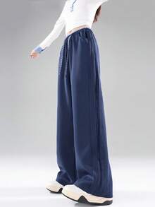 JUTU 藏蓝色拼接格纹美式腰带抽绳宽松直筒裤，时尚休闲运动裤，适合春、秋、冬季穿着 - 1A44寶藍拼藍格 - 查看 5