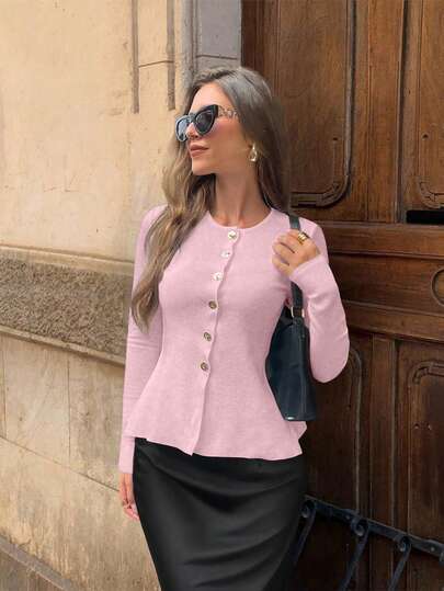 Suéter de mujer de nuevo estilo tejido para primavera, otoño e invierno, de estilo casual y minimalista, cuello redondo de manga larga con botones metálicos, cárdigan de color liso para Año Nuevo