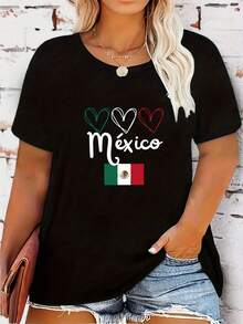Camiseta de talla grande para mujer con estampado de la bandera mexicana - Cuello redondo casual, manga corta, parte superior elástica de poliéster para primavera/verano, negro con diseño de corazón y bandera coloridos, camiseta mexicana - Negro - Ver 2