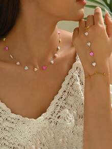 1 套时尚可爱的不对称彩色心形不锈钢首饰套装，适合女性日常佩戴、订婚派对、婚礼 - 金黃色 - 查看 2