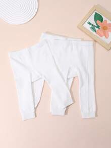 3 Pairs Solid Color Minimalist All-Season 9/10 Length Leggings For Baby Girls, Suitable For Daily Wear - White - View 5