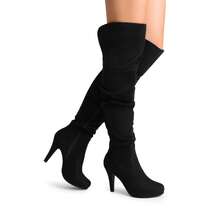 Women's Knee-High Boots, Comfortable Chunky Block Heel Pointed Toe Pull On Side Zipper Suede Slouch Riding Boots - Black - View 11