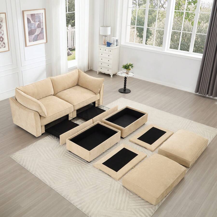 Aoowow Modular Sectional Sofa With Pullout Storage Seat, 78.7" Chenille 2-Seat Sofa Couch Upholstered Love Seat Couches With 2 Storage Ottomans For Living Room Apartment Office,Wheat - Wheat Loveseat Sofa + 2 Ottomans - 查看 1