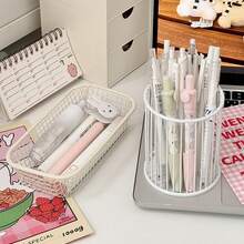 新款米色铁丝收纳篮笔筒多功能桌面整理盒办公用品学生课桌文具收纳小号收纳篮 - 彩色 - 查看 10