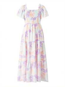 Parent-Child Summer Casual A-Line Dress Short Sleeve Square Neck Tie Dye Print Dress