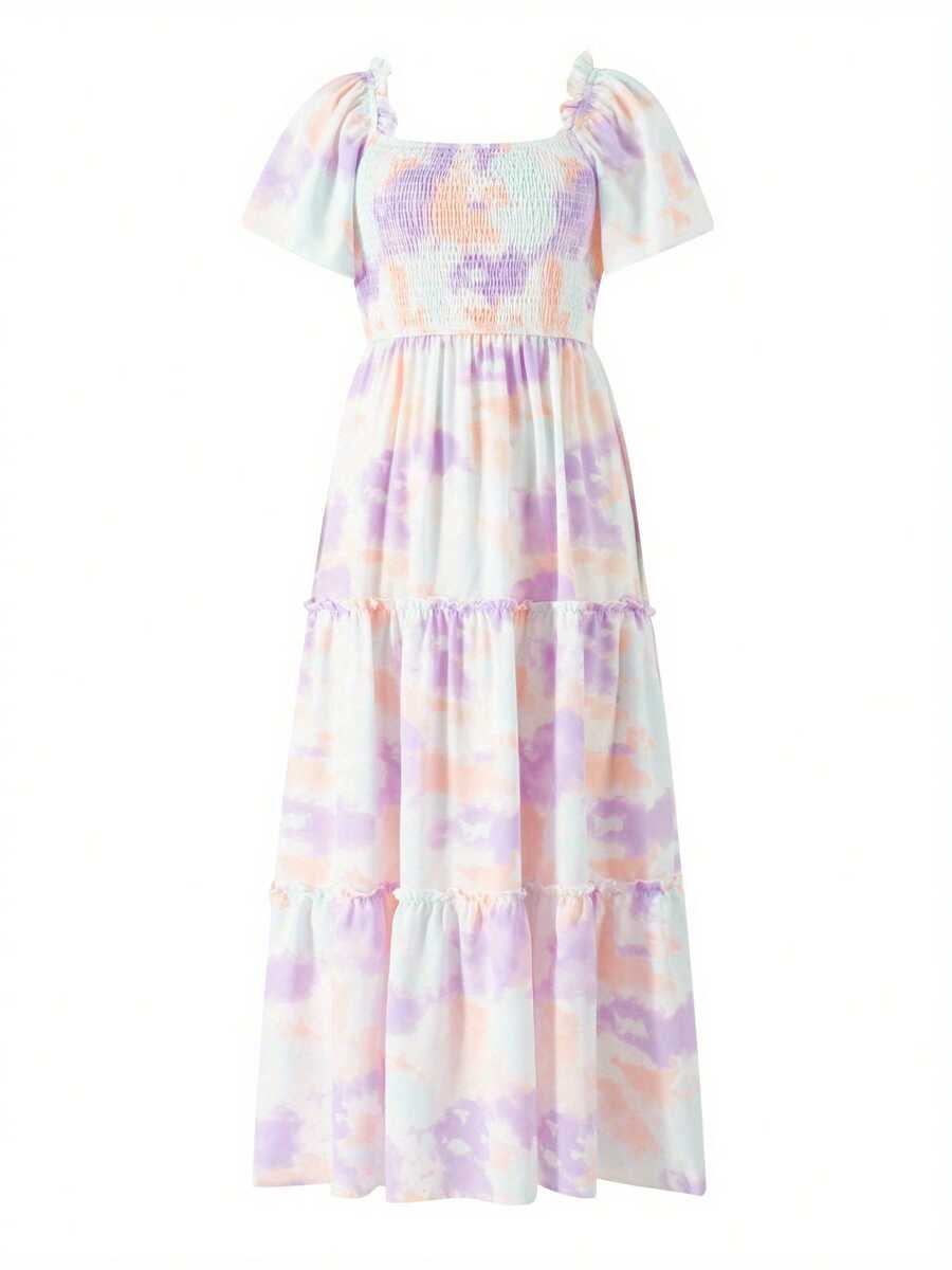 Parent-Child Summer Casual A-Line Dress Short Sleeve Square Neck Tie Dye Print Dress