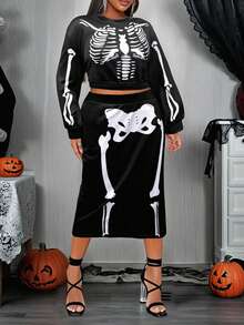 2025 Plus-Size Halloween Costume New Casual Plus-Size Two Pieces Suit, Early Autumn And New Autumn, Day Of The Dead, Easter, Western Style, Parties, Student Costumes, Holiday Restrictions, Role-Playing Dances And Other Scenes, Popular Online Goods, Skull Pattern Printing, Knitted Fabrics, Suitable For Going Out To Wear.
