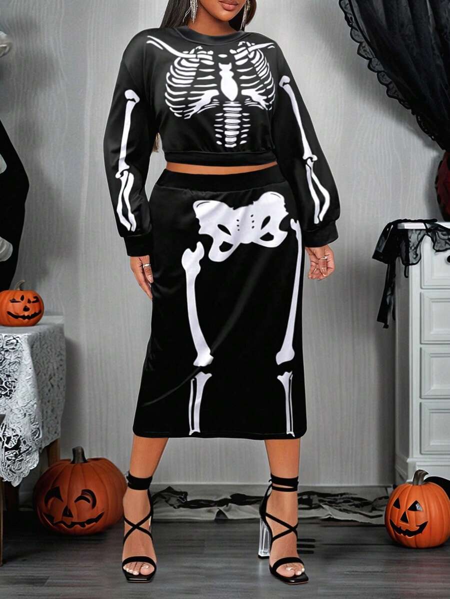 2025 Plus-Size Halloween Costume New Casual Plus-Size Two Pieces Suit, Early Autumn And New Autumn, Day Of The Dead, Easter, Western Style, Parties, Student Costumes, Holiday Restrictions, Role-Playing Dances And Other Scenes, Popular Online Goods, Skull Pattern Printing, Knitted Fabrics, Suitable For Going Out To Wear.