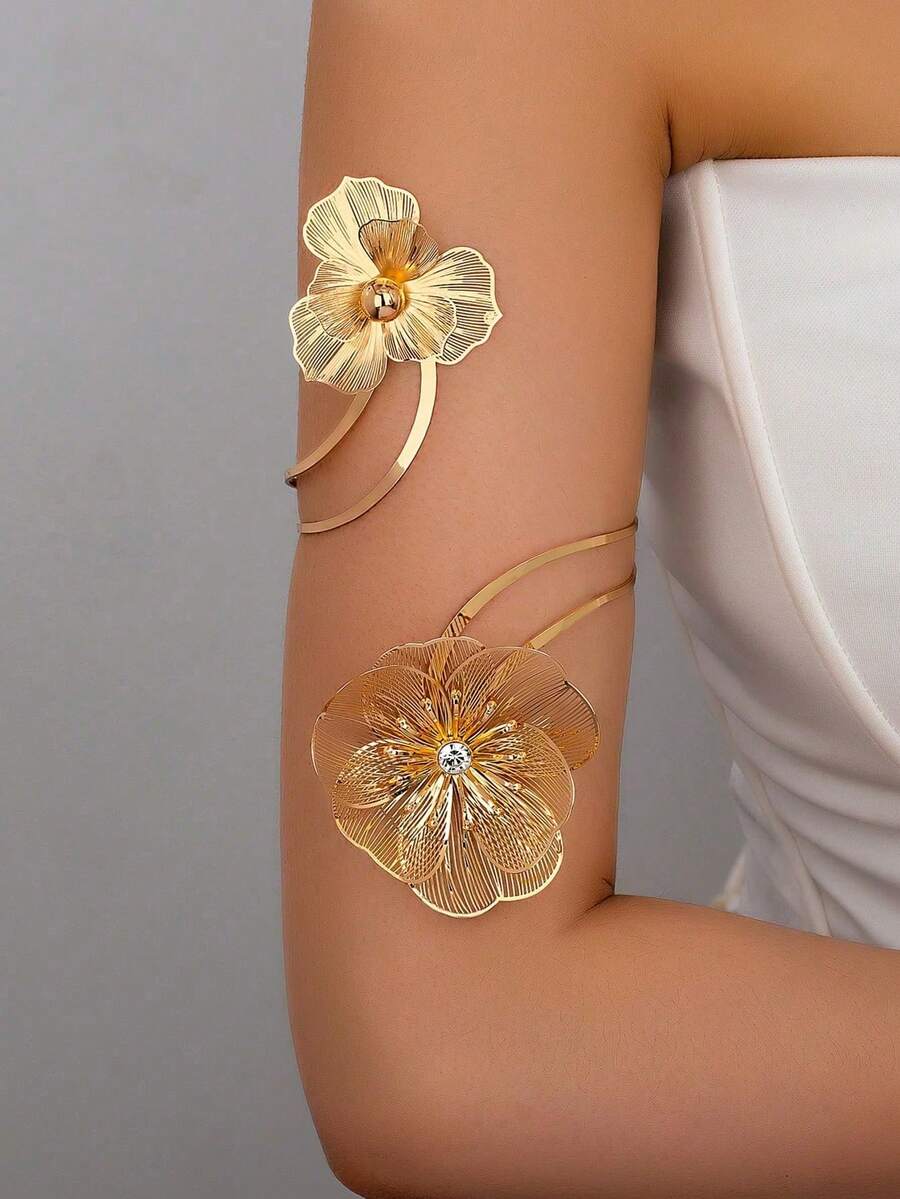 1 pieza Brazalete de brazo decorativo con flor hueca, brazalete de mujer - Dorado - Ver 1