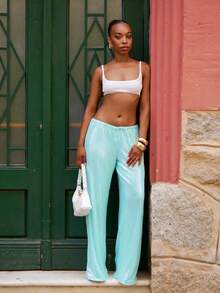 Yess Loren Pantalones de tiro bajo con lentejuelas, vacaciones de verano, elegante ropa de playa bohemia y casual, para festivales rave