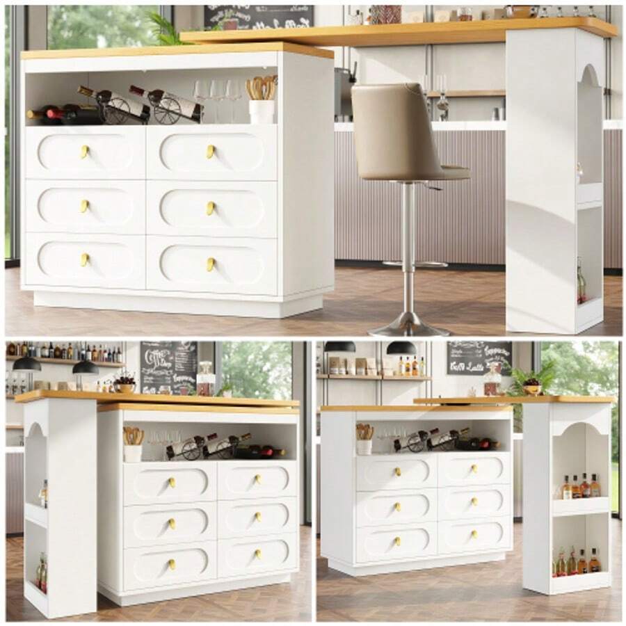 360° Rotating Bar Table: 137x39x90cm Main Body Coffee Bar Furniture, Rotating Dining Bar/Kitchen Island With Spice Rack, 6 Drawers & Open Storage (White) - White - View 1