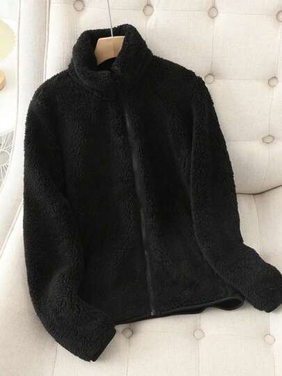 Chaqueta con cremallera de forro polar grueso y cálido de doble cara de unicolor para mujer, invierno