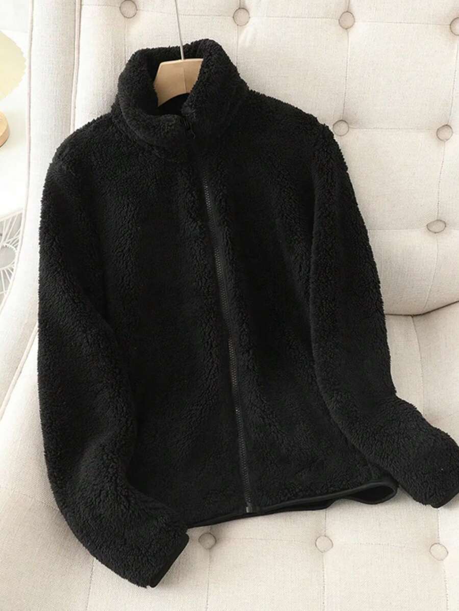 Women's Solid Color Thick Warm Double-Sided Fleece Zip-Up Jacket, Winter - Black - View 1