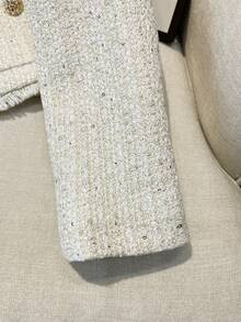 Giacca elegante da donna con collo rotondo, monopetto, con paillettes, in tweed testurizzato metallico vintage casual, colore beige