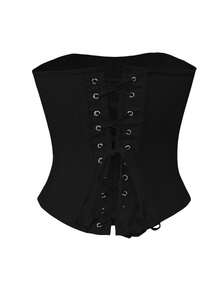 Apperloth A Áo corset mùa hè dáng ngắn, gợi cảm, bất đối xứng, đường viền cong, có khoen cài, dây buộc phía sau, hở lưng, áo ống định hình dáng người, thích hợp cho kỳ nghỉ, lễ hội âm nhạc, màu đen. - màu đen - Xem 6
