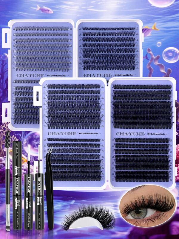 CMAYOME Lash Extension Kit DIY Lash Clusters Kit Cluster Lashes Eyelash Extension Kit Individual Lashes 640pcs With Lash Bond And Seal, Lash Tweezers, Mascara Brush(640/608pcs 10D+20D+30D+40D+50+60D+80D+100D Kit, 10-18mm) Reusable Christmas Eyelash Glue Makeup, Lash Clusters Kit, Lashes, Eyelashes, Fake Lashes