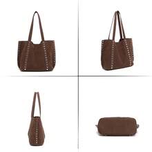 Bolso de mano grande de gran capacidad para mujer con remaches, bolso de hombro con elementos únicos y diseño elegante de ante, adecuado para citas, uso diario, compras, vacaciones en la playa y diversas ocasiones. Ropa de otoño para mujer