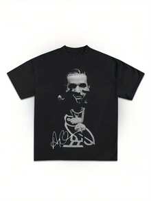 Rare Drake Hip-Hop Graphic T-Shirt Black Crew Neck Short Sleeve White Graffiti Print Regular Fit All Season Casual Collectible Gift Tee - Black - View 3