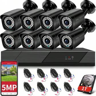 2NLF -8 Kit de Cámara de Segurida d H.265+ para Interiores y Exteriores, DVR CCTV de 8 Canales, 8 Cámaras de Vigilancia IP66 Impermeable con Detección de Movimiento, Visión Nocturna y Disco Duro de 1T