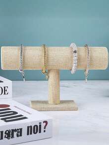 1pc Elegant Faux Linen Beige T-Shape Bracelet Display Stand - Desktop Jewelry Holder, Suitable For Retail Display Cases, No Power Needed, Sturdy Plastic Base, Great For Necklaces, Bracelets And Watches, Watch Stand | Soft Velvet Covered, Suitable For Women, Multi-Functional Desktop Organizer Rack, Non-Electric - Fits Various Installation Types Of Other Material Oval Jewelry Tower