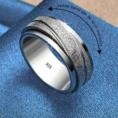 925 Sterling Silver Plated Rotating Ring - Frosted Design, 7-10 US Size, Bohemian Vintage Style For Women Men
