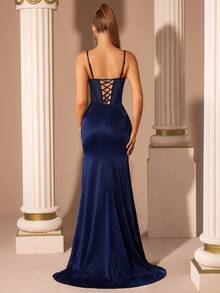 Elisanya Ladies Elegant V-Neck Ruched Bust Mesh Splice Rhinestone Decor Open Back Tie Formal Party Dress - Navy Blue - View 2