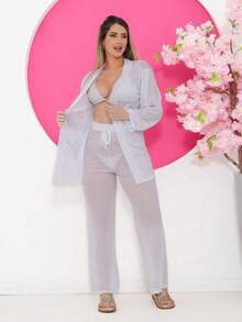 Printed Tulle Beach Cover-Up, Shirt And Pants Set - White - View 1