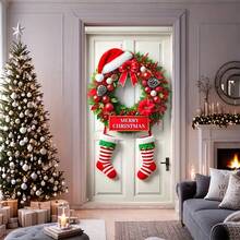 1pc, 35.4x70.8 Inches (90x180 Cm), Merry Christmas, 2D A Christmas Curtain Design Themed Around Santa Claus Hats And Socks, Made Of Polyester, Suitable For Birthdays, Parties, Celebration Events, Indoor/Outdoor Decoration, Home, Porch, Lawn, Garden, Courtyard Decoration, Universal Theme, With Holes For Easy Hanging