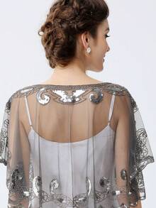 BABEYOND 1920s Shawl Wraps Sequin Beaded Evening Cape Bridal Shawl Bolero Flapper Cover Up - Xám - Xem 2