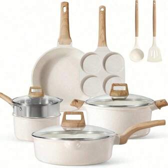 不粘陶瓷炊具套装，养生锅和平底锅套装，包括汤锅、煎锅和炒锅套装，厨房烹饪套装，白色花岗岩涂层，不含 PFOS/PFAS，适用于炒菜和烹饪，电磁炉必备厨房用具