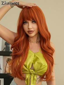 7JHH WIGS Tóc giả màu cam phong 28 inch cho phụ nữ, Tóc giả dài gợn sóng tuyệt đẹp có mái, Tóc sợi tổng hợp mềm mại tự nhiên chịu nhiệt, Tóc giả xoăn đẹp hoàn toàn bằng máy cho bé gái hàng ngày, Trang phục dự tiệc âm nhạc đường phố, Cosplay Anime hoặc sử dụng trang phục - trái cam - Xem 6