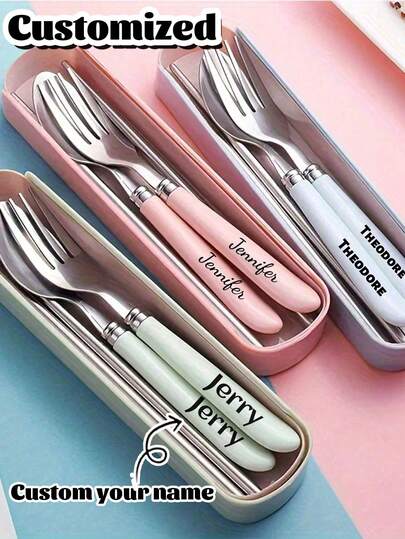 Custom 3pcs/Set Portable Cutlery Set,Stainless Steel Piece Cutlery Set, Reusable Cutlery, Suitable For Picnic Camping Family Travelling Work Outdoor, Suitable For Kitchen, Restaurant, Students, Travel, Camping, Office,Holiday Gift,School Supplies