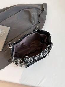 Bolso Cuadrado Con Patrón De Cuadros, Para Chicas Adolescentes, A La Moda, Minimalista Y Casual - Blanco y Negro - Ver 7