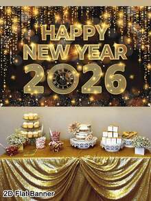 1pc Black Golden Happy New Year Banner 2026 150*100cm Shining Clock Pattern New Year Backdrop Photo Booth Festival Background Cloth Christmas Decorative Wall Hanging Tapestry Room Home Decor Happy New Year 2026 Decorations
