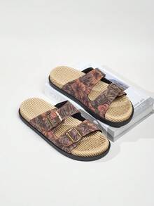 1 Pair Men's Summer Fashion Slide Sandals, Suitable For Daily Outdoor Activities, Beach Leisure Vacation, Metal Double Buckle Design, Adjustable Upper, Fresh Summer Outfit, Indoor Bathroom Slippers, Tropical Print Flip Flops