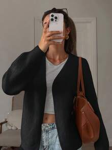 Women's Black V Neck Long Sleeve Cardigan With Pockets Regular Length Medium Stretch Fabric - Black - View 1