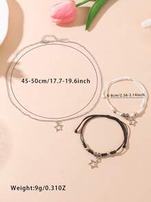 3pcs Vintage Punk Style Star & Pentagram Braided Bracelet & Necklace Set, Versatile Niche High-End Unisex Necklace & Bracelet (2pcs Bracelets + 1pc Necklace), Suitable Gift For Men, Women And Family Members - Silver - View 2