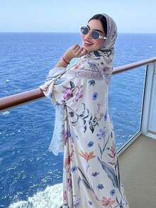 2pcs Modest Printed Cardigan Abaya With Headscarf Set, Middle Eastern Dubai Style Outerwear Eid Spring - Printing Color - View 6
