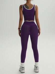 女士高腰瑜伽健身套装 - 拼色运动上衣和紧身裤，弹性涤纶混纺，非常适合跑步和训练 - 紫色 - 查看 4