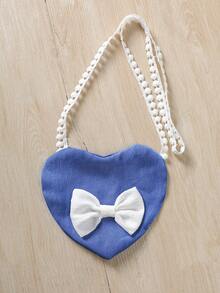 3pcs/Set Young Girls Casual Outfit, Soft & Comfortable Fabric, White T-Shirt, Blue Pants, Heart Decor Backpack, Bowknot Decor, Suitable For 4-7 Years Old, Daily Wear, Long Sleeve Top & Pants Set