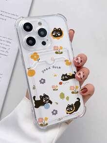 1pc Korean Style Transparent Card Slot Flower & Black Cat Design Phone Case Compatible With IPhone 16 Pro Max/15/14/13/12/11, Versatile - Multicolor - View 2