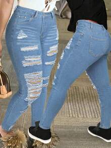 女士时尚休闲修身弹力运动裤，带口袋的温和通勤风格，性感破洞街头时尚优雅紧身牛仔裤 - 淺色水洗藍 - 查看 3