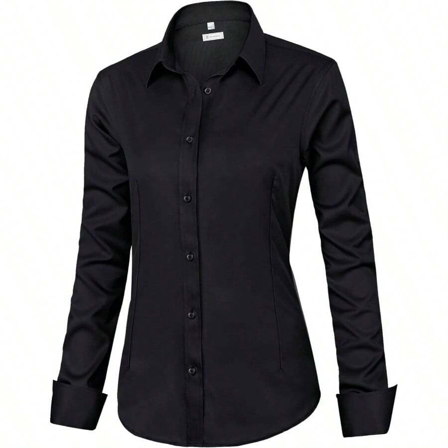Womens Classic - Fit Dress Shirts Long Sleeve Button Down Wrinkle - Stretch Solid Casual Work Office Blouse Top - Đen + Trung bình - Xem 1